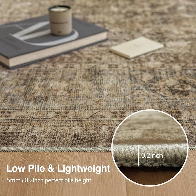 Fmfunctex 2x8 Runner Rug Brown Washable Vintage Neutral Distressed Non Slip Low Pile Indoor Carpet Soft Retro Floral Hallway Entryway Rug for Kitchen Living Room Bedroom Bathroom Laundry Entry Bedside