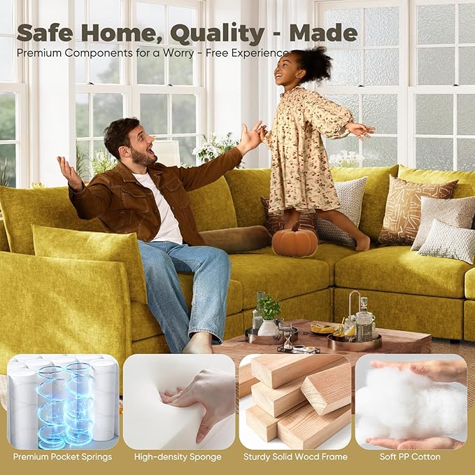 ABCASA Luxury Modular Sectional Sofa, L-Shaped 3-Seat Couch with Storage Ottoman Deep Seat & Reversible Chaise Lounge Chenille Yellow for Compact Spaces, Apartments, Dorm