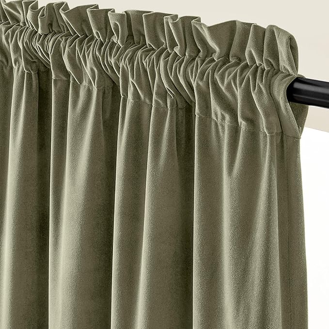 Lazzzy Velvet Blackout Curtains Thermal Insulated Room Window Drapes Super Soft Luxury Curtains for Living Room Bedroom Rod Pocket 2 Panels, Olive Sage, 52" W x 72" L