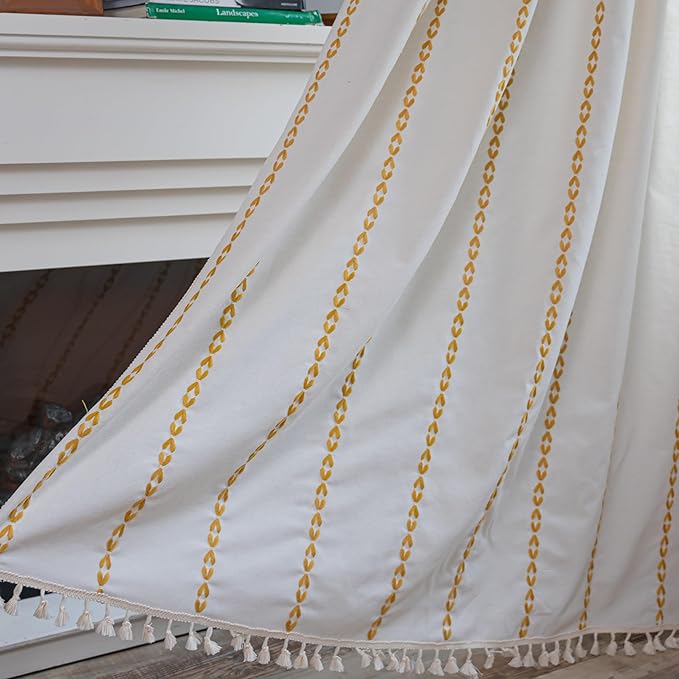 Sutuo Home Boho Curtains for Bedroom Living Room 108 inches Long,Semi Blackout Farmhouse Tassels Vintage Bohemian Embroidery Drape, Rod Pocket 1 Panel 52" W x 108" L, White and Gold