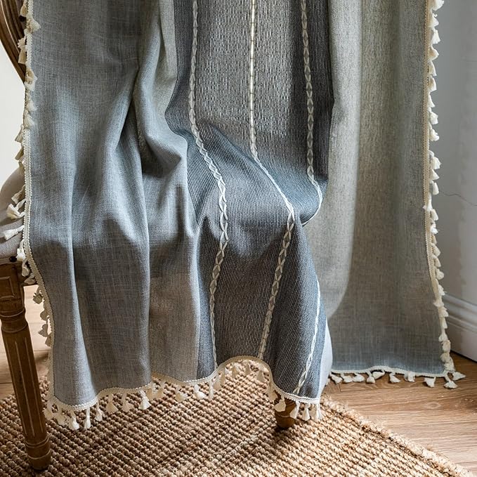 Sutuo Home Boho Curtains for Bedroom Dining Room, Semi Blackout Linen Farmhouse Shabby Chic Tassels Window Treatment Bohemian Embroidery Drape, Rod Pocket 1 Panel 52" W x 84" L, Gray Linen