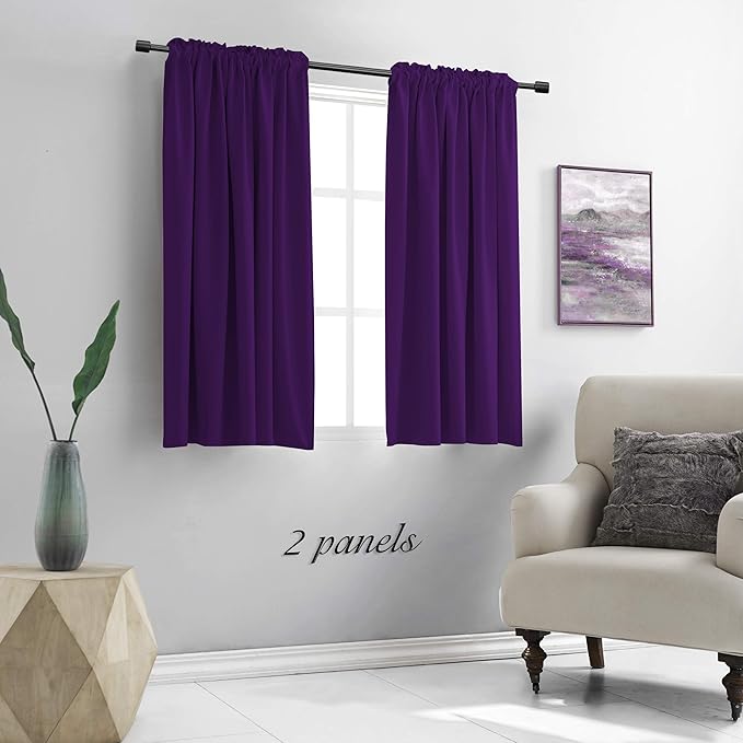 DONREN 48 Inch Length Short Curtains for Kitchen - Small Window Treatment Rod Pocket Blackout Curtain Drapes (1 Pair,Royal Purple,52 Inches Wide by 48 Inches Long)