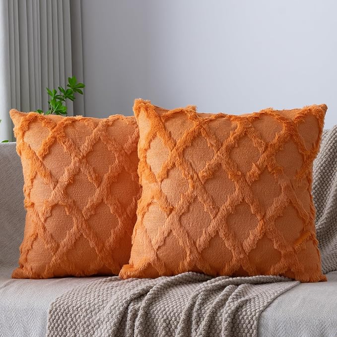Set of 2 Soft Moroccan Throw Pillow Covers 20x20 Inch Plush Boho Decorative Pillow Cover Accent Cushion Case for Couch Sofa Bed, Orange