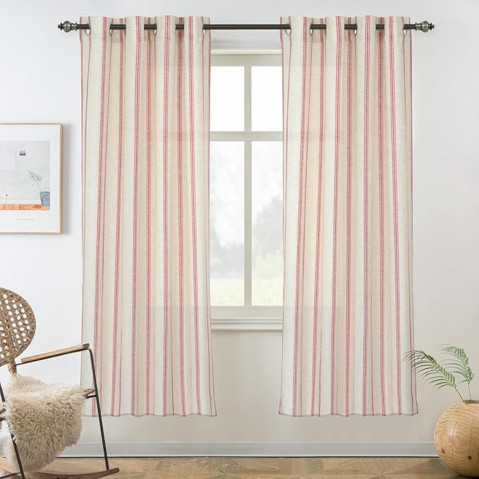 DriftAway Farmhouse Vertical Striped Linen Blend Textured Light Filtering Semi Sheer Curtains for Living Room Bedroom 63 Inches Long Drapes 2 Panels