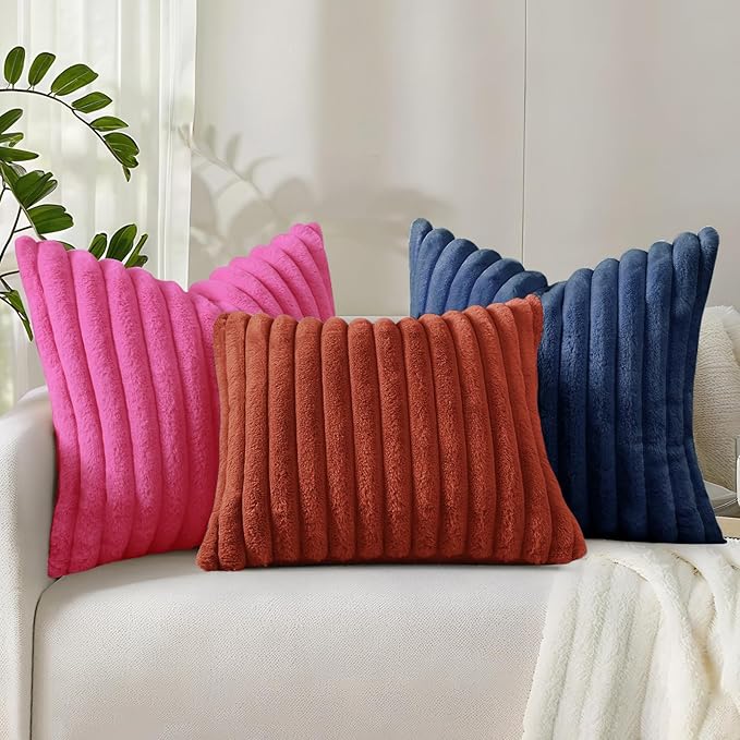 decorUhome Faux Fur Spring Throw Pillow Covers 12x20 Set of 2, Decorative Soft Plush Striped Lumbar Neutral Couch Pillow Covers with Velvet Back for Sofa, Bed, Living Room Home, Blue