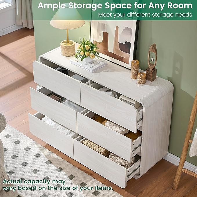 6 Drawer Dresser for Bedroom, 47" Wide Dresser with Large Storage, Rustic Wooden Chest of Drawers for Bedroom, Hallway, White