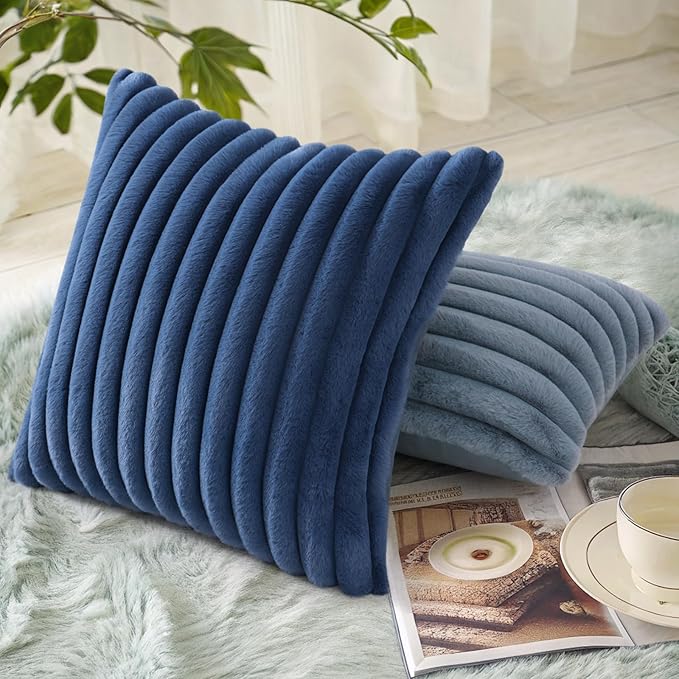 decorUhome Faux Fur Spring Throw Pillow Covers 24x24 Set of 2, Decorative Soft Plush Striped Neutral Couch Euro Sham Pillow Covers with Velvet Back for Sofa, Bed, Living Room Home, Blue