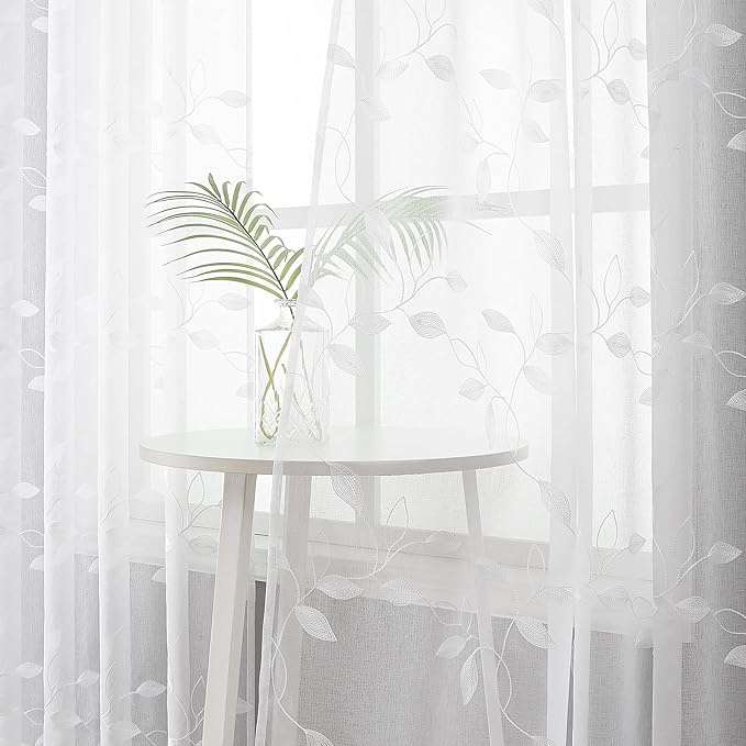 Tollpiz White Leaf Sheer Curtain Leaves Embroidered Bedroom Curtains Rod Pocket Voile Window Treatments for Living Room, 38 x 63 inches Long, Set of 2 Panels