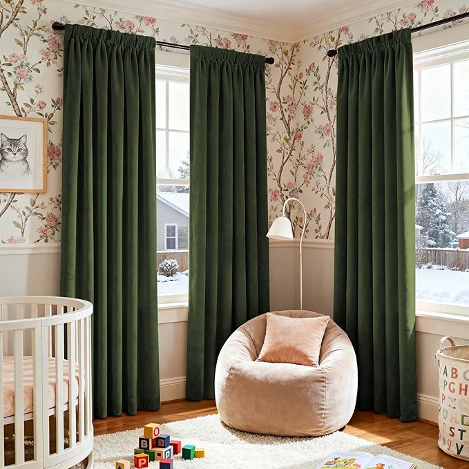 Lazzzy Green Velvet Blackout Curtains 90 Inches Long Thermal Insulated Room Darkening Lined Curtain Drapes Luxury Back Tab Window Treatments for Bedroom Living Room 2 Panels, 52 x 90 Inch, Moss Green