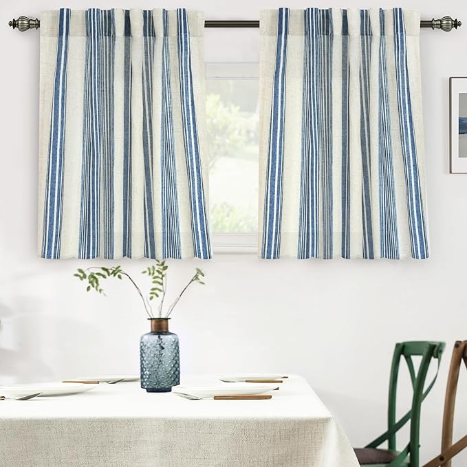 DriftAway Farmhouse Vertical Striped Linen Blend Textured Light Filtering Semi Sheer Curtains for Living Room Bedroom 36 Inches Long Drapes 2 Panels Broad Striped Linen Jean Navy