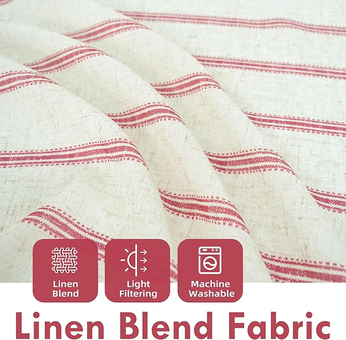 DriftAway Farmhouse Vertical Striped Linen Blend Textured Light Filtering Semi Sheer Curtains for Living Room Bedroom 54 Inches Long Drapes 2 Panels Linen Red
