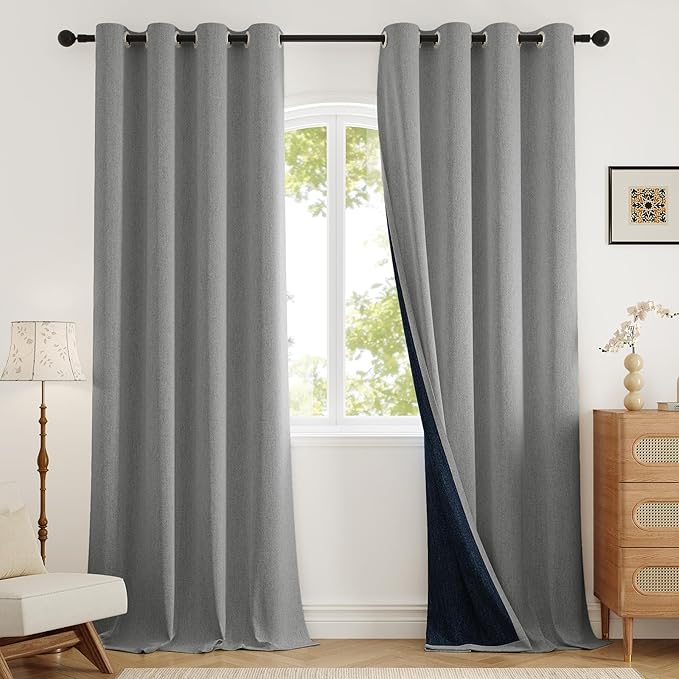100% Blackout Curtains 108 inch Length 2 Panels for Living Room, Linen-Look Textured Room Darkening Thermal Insulated Noise Reduction Farmhouse Drapes for Bedroom (W52xL108, Grey)