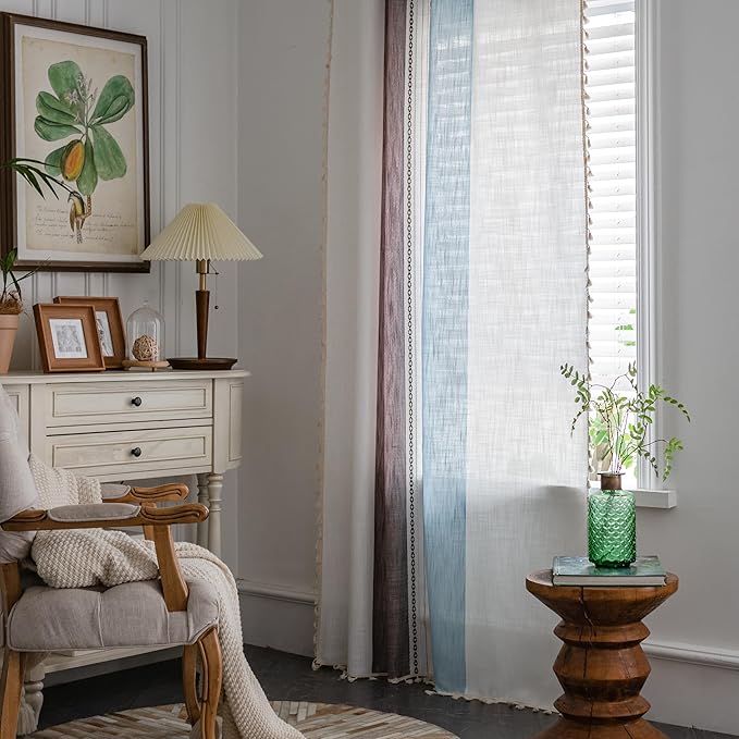 Sutuo Home Boho Curtains 96 inches for Bedroom Living Room, Semi Blackout Linen Farmhouse Tassels Window Treatment Bohemian Embroidery Drape, Rod Pocket 1 Panel 52" W x 96" L, Brown Blue Striped Linen