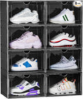 8 Pack XL Shoe Storage Box Organizer,Drop Side Large Shoe Boxes Clear Plastic Stackable Container,Magnetic Sneaker Display Case, Fit up to US 13(13.4”x 10.6”x 8.3”(8 Pack Black)