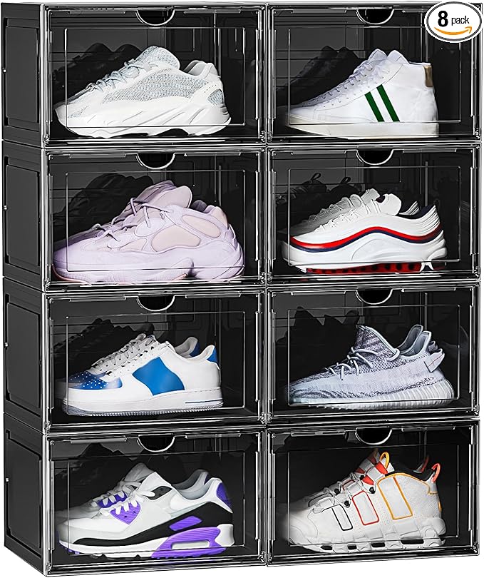 8 Pack XL Shoe Storage Box Organizer,Drop Side Large Shoe Boxes Clear Plastic Stackable Container,Magnetic Sneaker Display Case, Fit up to US 13(13.4”x 10.6”x 8.3”(8 Pack Black)