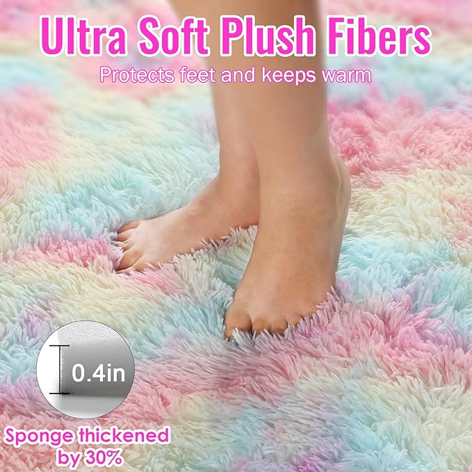 PAGISOFE Fluffy Soft Plush Washable Area Rugs for Girls Bedroom Shaggy Rugs for Kids Playroom Kawaii Princess Fuzzy Nursery Rug for Baby's Toddler's Room Cute Room Decor for Teenage 5x8 Ft Rainbow
