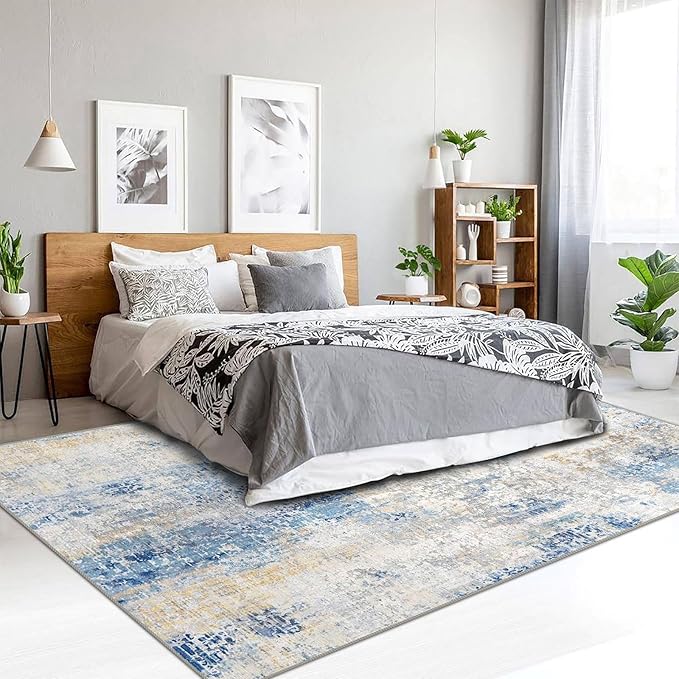 4x6 Rug, Small Area Rug for Living Room, Bedroom, Kitchen, Machine Washable Non-Slip Throw Rug, Modern Abstract Carpet for Entryway Nursery Coffee Table, Blue Ivory Yellow
