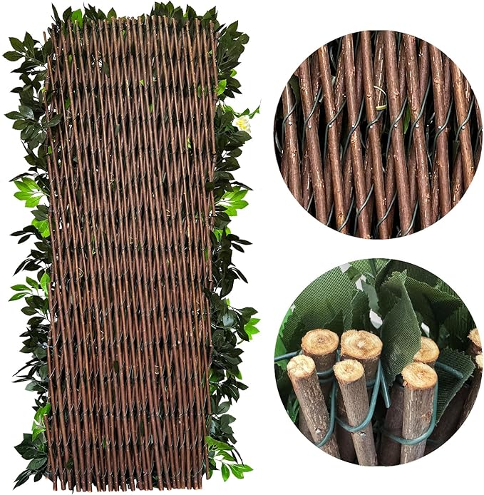 Sumery Expandable Fence Privacy Screen for Balcony Patio Outdoor,Decorative Faux Ivy Fencing Panel,Artificial Hedges (Single Sided Leaves) (1, Branches -Red Rose)