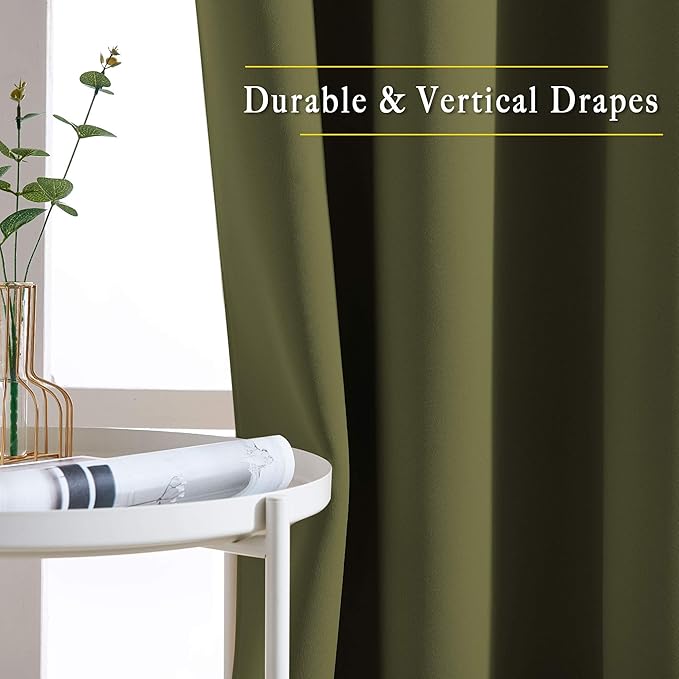 NICETOWN Room Darkening Curtains 84 inch Length 2 Panels Set - 3 Pass Microfiber Noise Reducing Thermal Insulated Solid Ring Top Curtains & Drapes for Living Room (66 x 84 Inch, Olive)