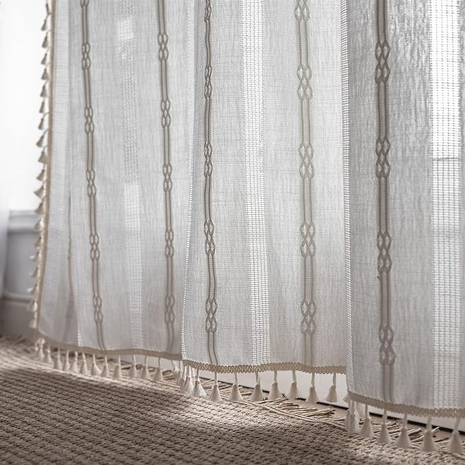 Sutuo Home White Boho Curtains 63 Inches Long for Kitchen Nursery, Light Filtering Shabby Chic Tassels Farmhouse Ivory Window Treatment Hollow Stripes Bohemian Embroidery Drape 1 Panel 52" W x 63" L