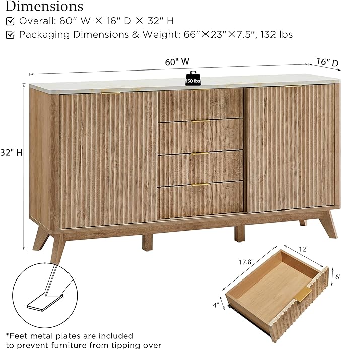 T4TREAM 60" Fluted Dresser with Sliding Doors and 4 Drawers, Modern Chest w/Faux Marble Top, Curved Profile Design, Dresser TV Stand, Wood Drawer Organizer for Bedroom, Living Room, Natural Oak