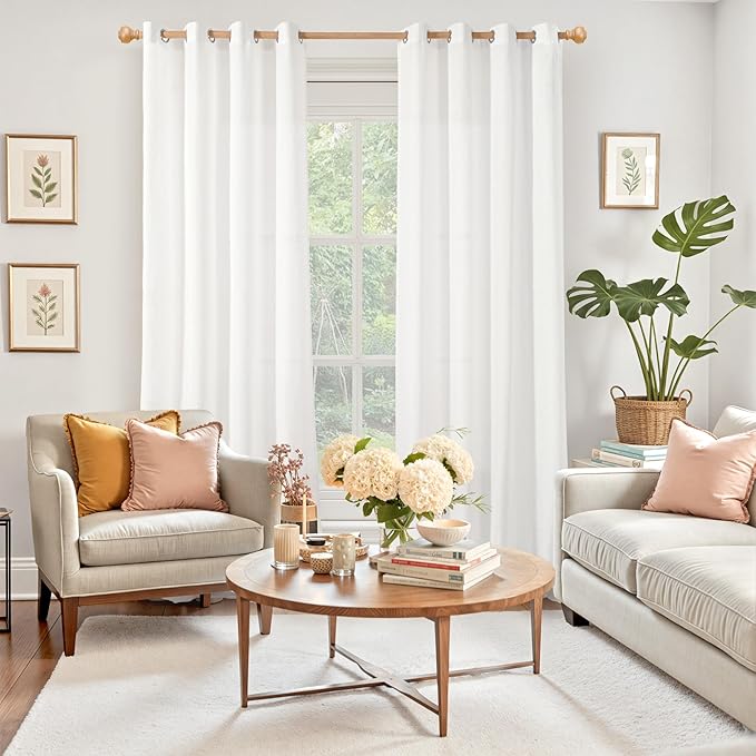 YoungsTex White Linen Light Filtering Curtains 84 Inches Long 2 Panels for Living Room, Lightweight Window Treatments with Grommet Semi Sheer Drapes for Bedroom, 52 X 84 Inch