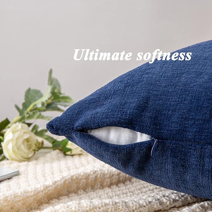 GAWAMAY Decorative Chenille Throw Pillow Covers 26x26 Inch Pack of 2, Soft Square Couch Pillow Cover for Sofa Cushion Living Room Bedroom Solid Oversized Pillowcases Navy Blue 66x66cm (ONLY Covers)
