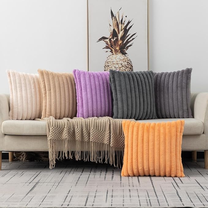 ZLINA Set of 2 Apricot Faux Fur Decorative Throw Pillow Covers Fluffy Striped Pillowcase Cushion Covers 16 x 16 Inch Decor Sofa Couch Bedroom
