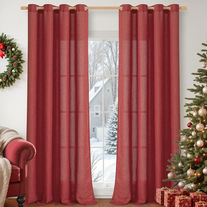 YoungsTex Red Linen Curtains 84 Inch Length for Living Room, Light Filtering Drapes Semi Sheer with Bronze Grommet Privacy for Bedroom, 52 x 84 Inch, 2 Panels