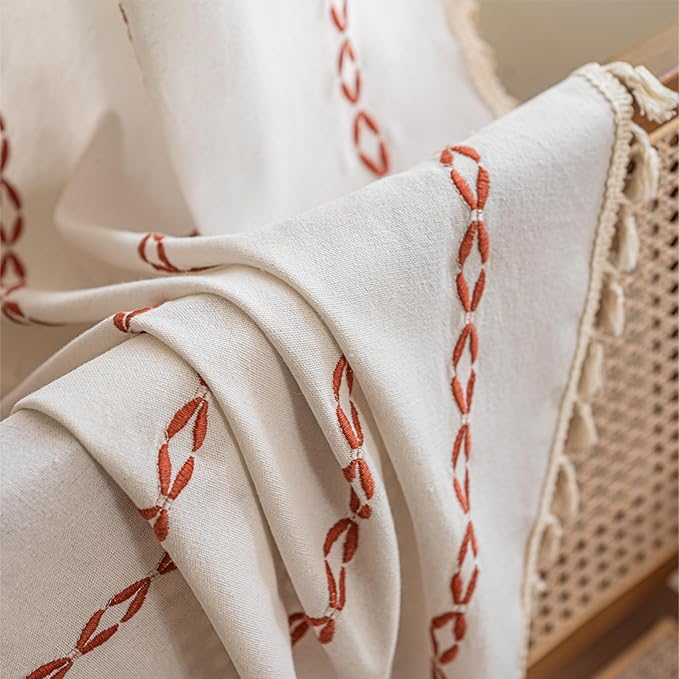 Sutuo Home Boho Curtains 72 Inch Long for Bedroom Living Room Nursery, Light Filtering Cotton Embroideried Bohemian Striped Vintage Farmhouse Privacy Decor,1 Panel W52 x L72,White and Terracotta