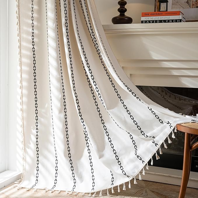 Sutuo Home Boho Curtains 108 Inches Long, Bohemian Drape for Bedroom Living Room, Privacy Country Semi Blackout Farmhouse for Halloween Decor Rod Pocket, 1 Panel W52 x L108 White and Black