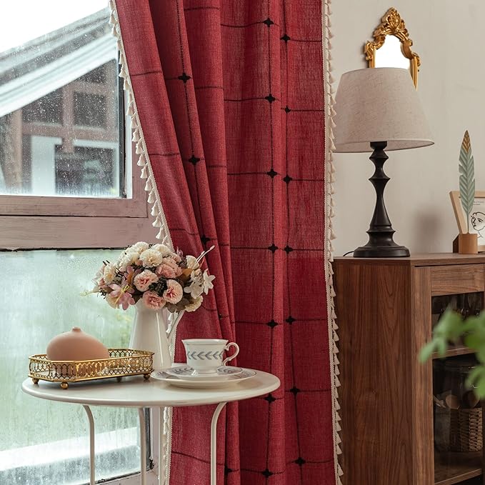 Sutuo Home Boho Curtains for Kitchen Nursery 63 Inch Length, Grid Linen Light Filtering Farmhouse Vintage Chic Tassels Window Treatment Bohemian Drape for Xmas Decor 1 Panel 52" W x 63" L, Red Plaids
