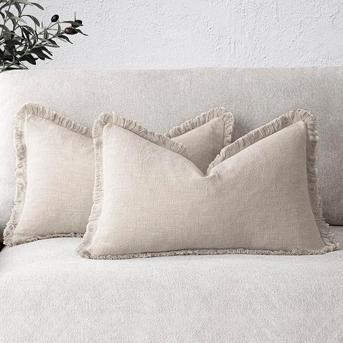 Foindtower Set of 2 Decorative Linen Fringe Lumbar Throw Pillow Covers Boho Farmhouse Cushion Cover with Tassels Cozy Accent Pillowcase for Sofa Couch Living Room Home Decor,12×20 Inch,Natural Beige