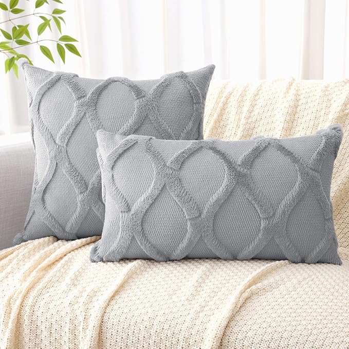 decorUhome Spring Throw Pillow Covers 12x20 Inch Set of 2, Soft Plush Faux Fur Wool Lumbar Grey Couch Pillow Covers, Decorative Neutral Pillow Cases for Bed Sofa Living Room Home Decor