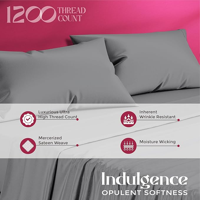 Mayfair Linen 100% Egyptian Cotton Split King Sheets Sets for Adjustable Bed - Luxury 1200 Thread Count Split Top King Sheets (5 PC, Dark Grey), Breathable, Cooling, Sateen Weave 17" Deep Pocket Sheet
