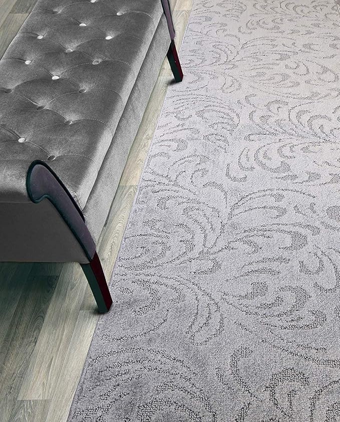 Custom Length Hallway Runner Rug,Slip Resistant,Floral Grey, 26 Inch X 12 feet, Sold and Priced Per Foot