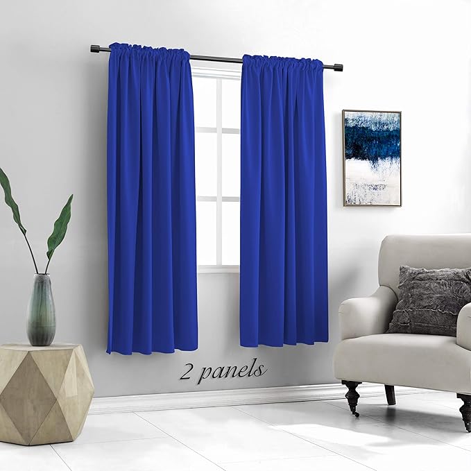 DONREN Royal Blue Rod Pocket Blackout Curtains for Kitchen - Window Treatment Energy Saving Solid Curtains (52 by 72 Inches,2 Panels)