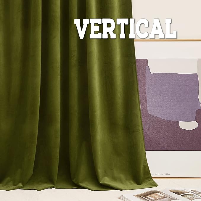 RYB HOME Velvet Curtains 63 inches Length, Back Tab & Rod Pocket Soft Fabric Curtains & Drapes for Bedroom Bathroom Cafe, Moss Green, W 42 x L 63, 2 Panels Set