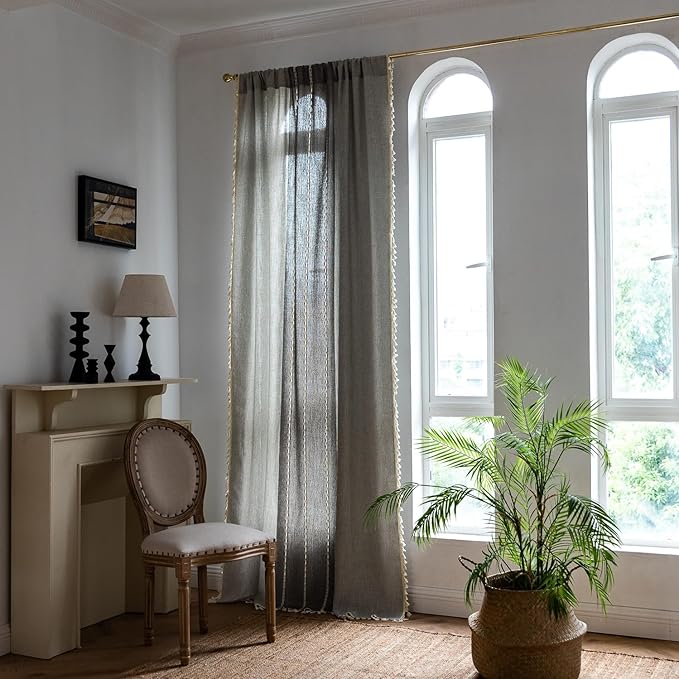 Sutuo Home Boho Curtains for Bedroom Dining Room, Semi Blackout Linen Farmhouse Shabby Chic Tassels Window Treatment Bohemian Embroidery Drape, Rod Pocket 1 Panel 52" W x 84" L, Gray Linen