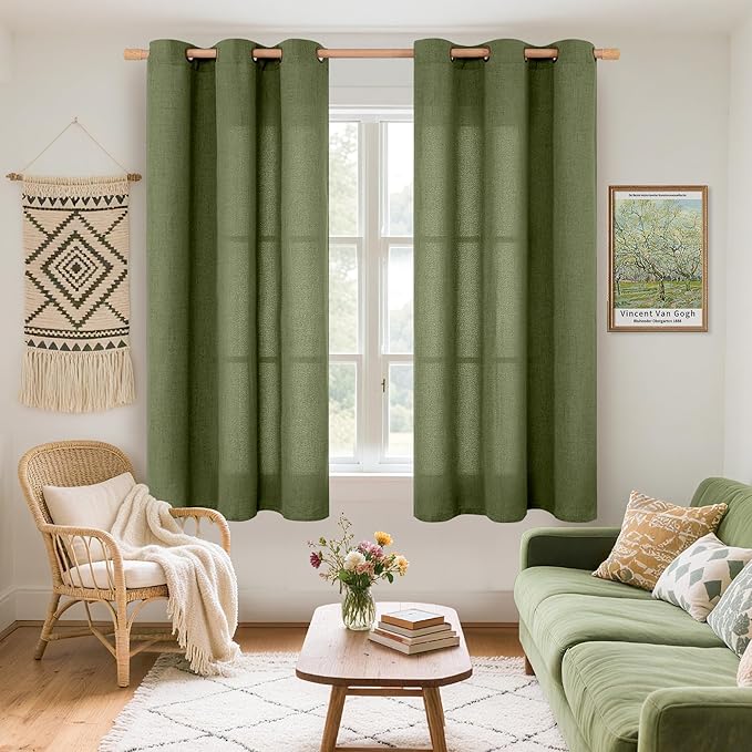 YoungsTex Olive Linen Curtains 48 Inch Length 2 Panels for Short Window, Dark Green Semi Sheer Drapes Light Filtering with Bronze Grommet for Living Room Bedroom, 42 X 48 Inch