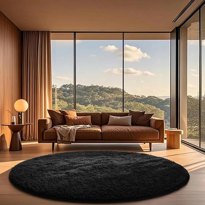 Ophanie Round Rug 6Ft Black Circle Area Rug, Room Decor for Men, Fluffy Fuzzy Bedroom Carpet, Plush Soft Shaggy Living Room Rugs for Kids Home Decor Aesthetic, Nursery