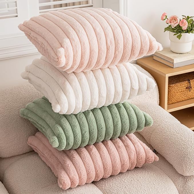 Double-Sided Faux Fur Plush Throw Pillow Covers 20x20 Set of 2 Fuzzy Striped Soft Cozy Pillowcase Luxury Decorative Pillows Square Shaggy Cushion Covers for Couch Sofa Bed,Cream White