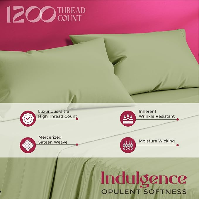Mayfair Linen 100% Egyptian Cotton Sheets King Size - Luxury 1200 High Thread Count Egyptian Cotton King Size Sheets Set (4 PC, Sage Green), Soft, Cooling, 17" Deep Pocket Sateen Weave Hotel Bedding