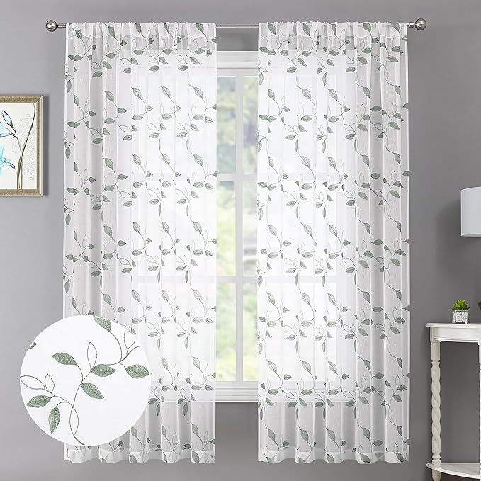 Tollpiz Sage Green Leaf Sheer Curtains Leaves Embroidered Living Room Curtain Rod Pocket Voile Window Treatments for Bedroom, 54 x 63 inches Long, Set of 2 Panels