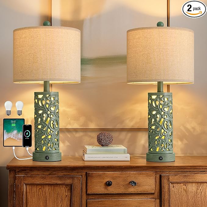 OYEARS 22'' Table Lamp Set of 2 for Living Room, Farmhouse Lamp for Bedroom, Vintage Bedside Lamps with Retro Design and USB Ports, Linen Shade for Home Office (Bulb Included, Green)