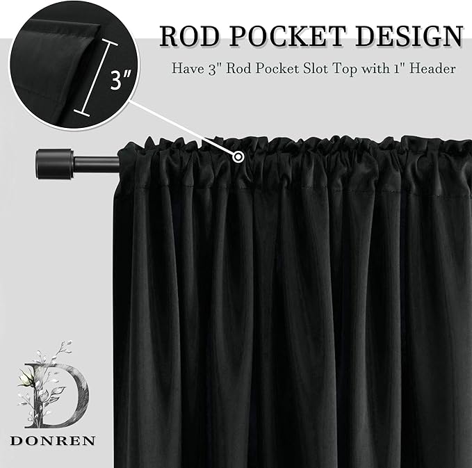 DONREN Extra Long 108 inch Length Blackout Curtains for Large Windows,Rod Pocket Soft and Touching Living Room Sweep to Floor for Villa(Black,2 Pack,52 W by 108 inches Long)