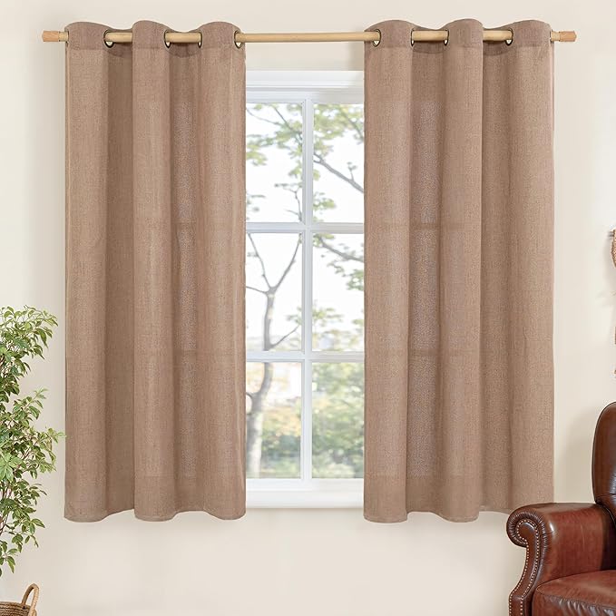 YoungsTex Mocha Brown Linen Curtains 45 Inch Length, Short Semi Sheer Drapes with Grommet Light Filtering for Bathroom Living Room Windows, 2 Panels, 42 X 45 Inch