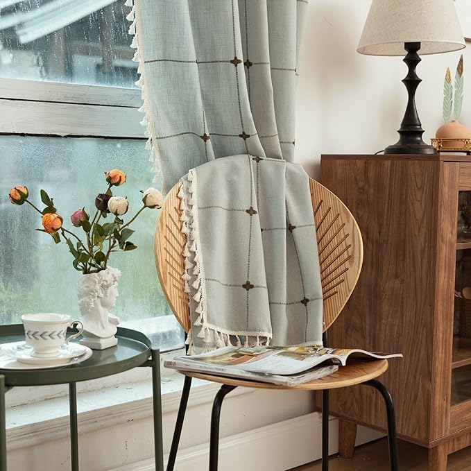 Sutuo Home Boho Curtains for Living Room Bedroom Office,Bohemian Drape Light Filtering Country Linen Vintage Chic Tassels Checkered Window Treatment for Decor 1 Panel 52" W x 96" L, Cream Grey Plaids