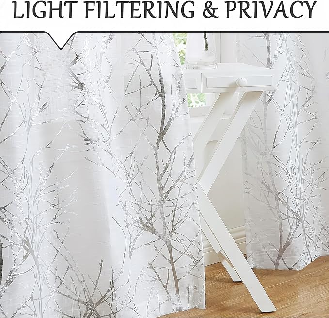 FMFUNCTEX Linen Semi Sheer Curtains for Living Room & Bedroom, Silver Metallic Print White Tree Panel, Light Filtering, 63 Inches Long, 2 Panels