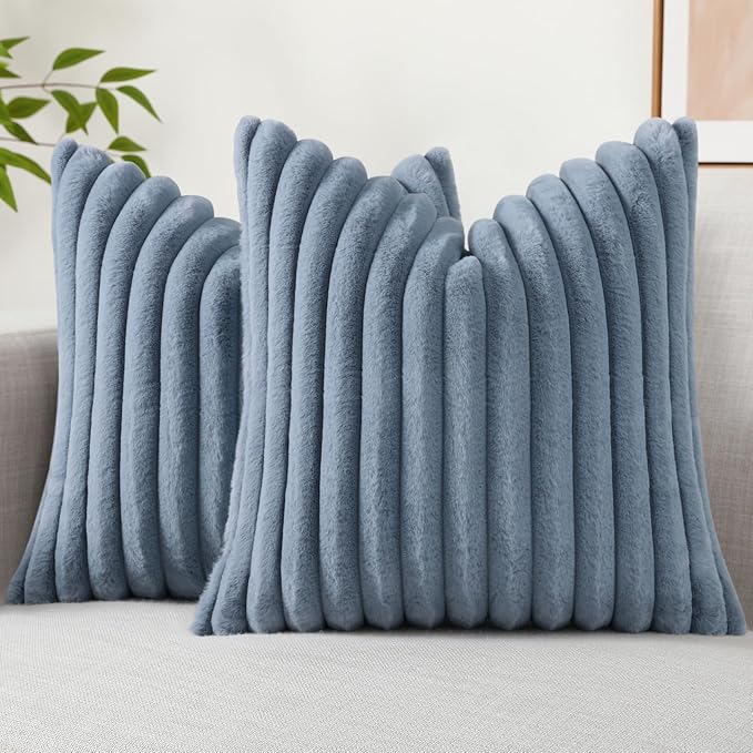 decorUhome Faux Fur Spring Throw Pillow Covers 18x18 Set of 2, Decorative Soft Plush Striped Neutral Couch Pillow Covers with Velvet Back for Sofa, Bed, Living Room Home, Grey Blue